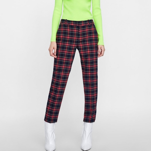 Zara Red Plaid Pants - Picture 1 of 12